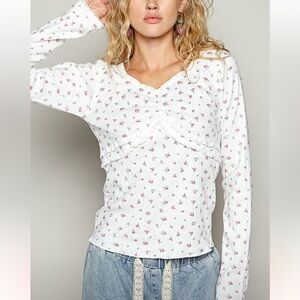 POL Floral Long Sleeve Top - White and Pink